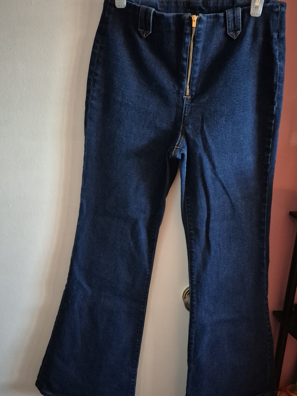 Express Dark Blue High-Rise Flare Jeans with Front Zip